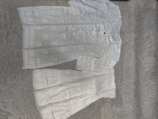 Pure White Chikankari Kurti & Sharara Co-ord Set with Tonal Embroidery & Lace Trim
