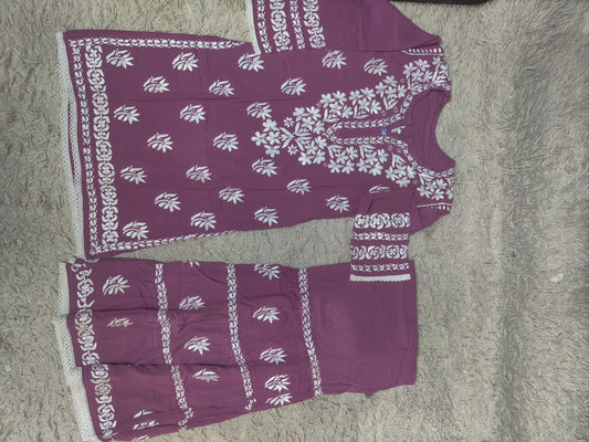 Plum Purple Chikankari Kurti & Sharara Co-ord Set with White Floral Embroidery & Lace Trim