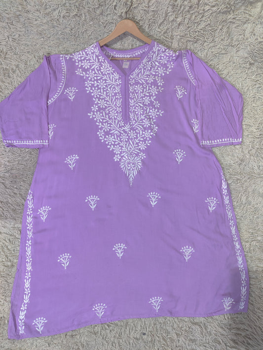 Lilac Purple Chikankari Kurti with White Floral & Tulip Buti Embroidery