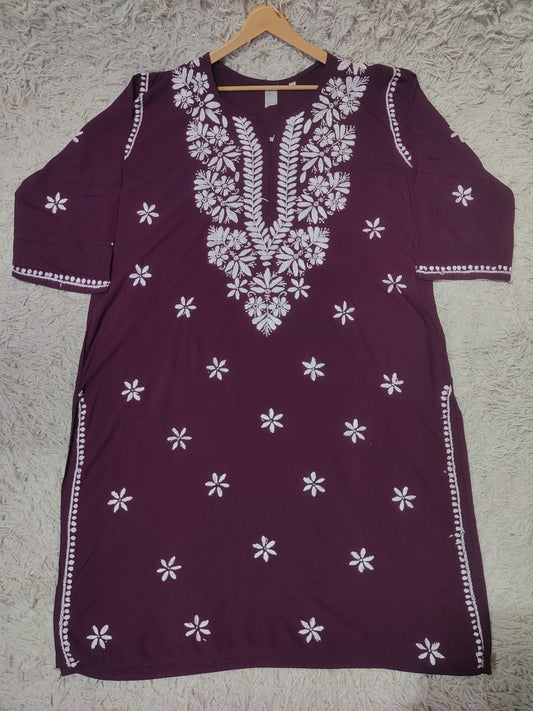 Dusty Mauve Chikankari Kurti with White Floral & Wildflower Buti Embroidery