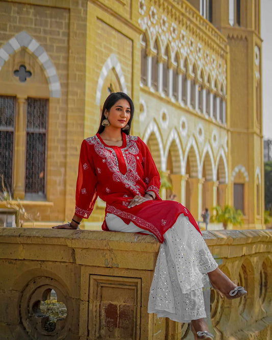 Crimson Red Embroidered Kurta – Elegant Festive & Formal Wear